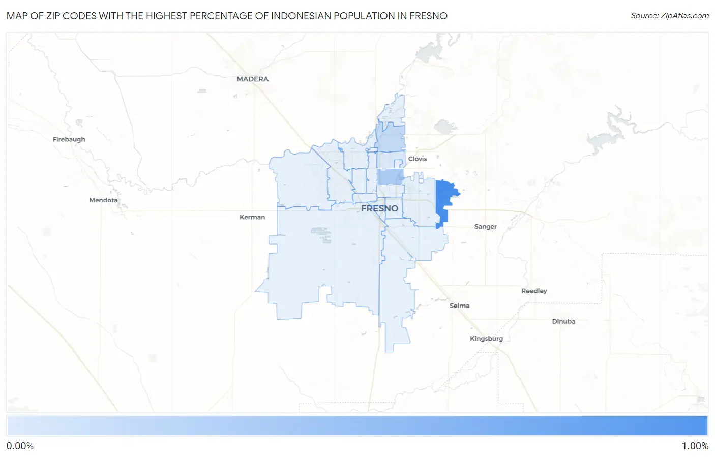 Zip Codes with the Highest Percentage of Indonesian Population in Fresno Map