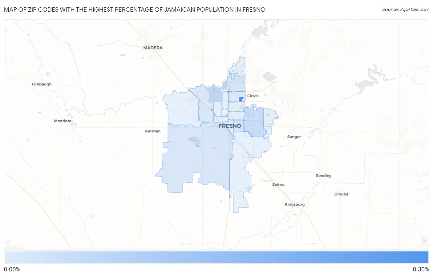 Zip Codes with the Highest Percentage of Jamaican Population in Fresno Map