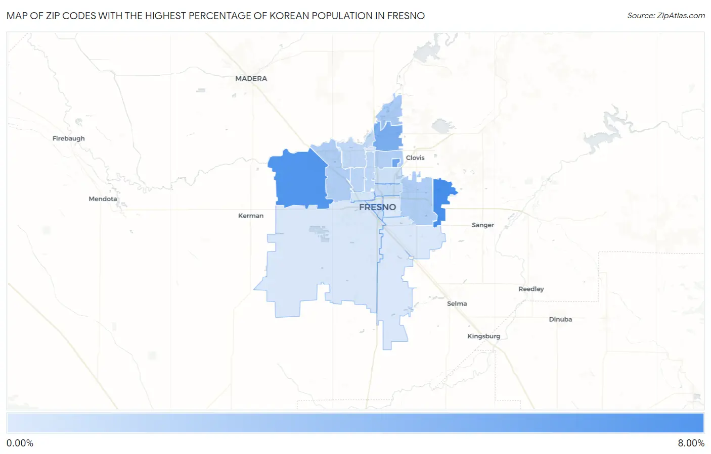 Zip Codes with the Highest Percentage of Korean Population in Fresno Map