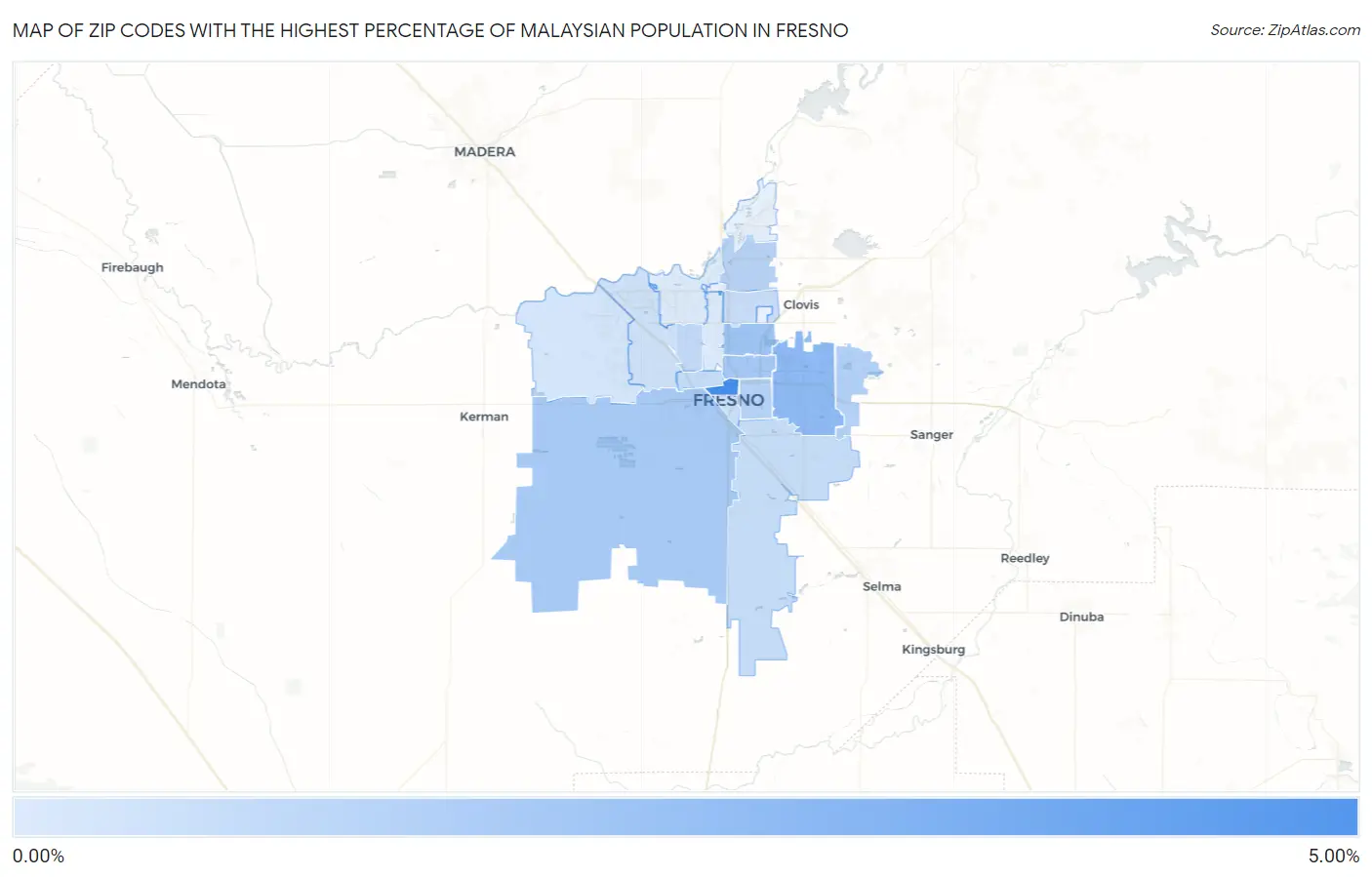 Zip Codes with the Highest Percentage of Malaysian Population in Fresno Map