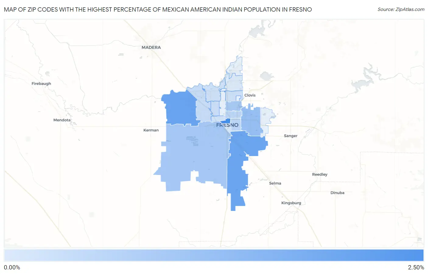 Zip Codes with the Highest Percentage of Mexican American Indian Population in Fresno Map