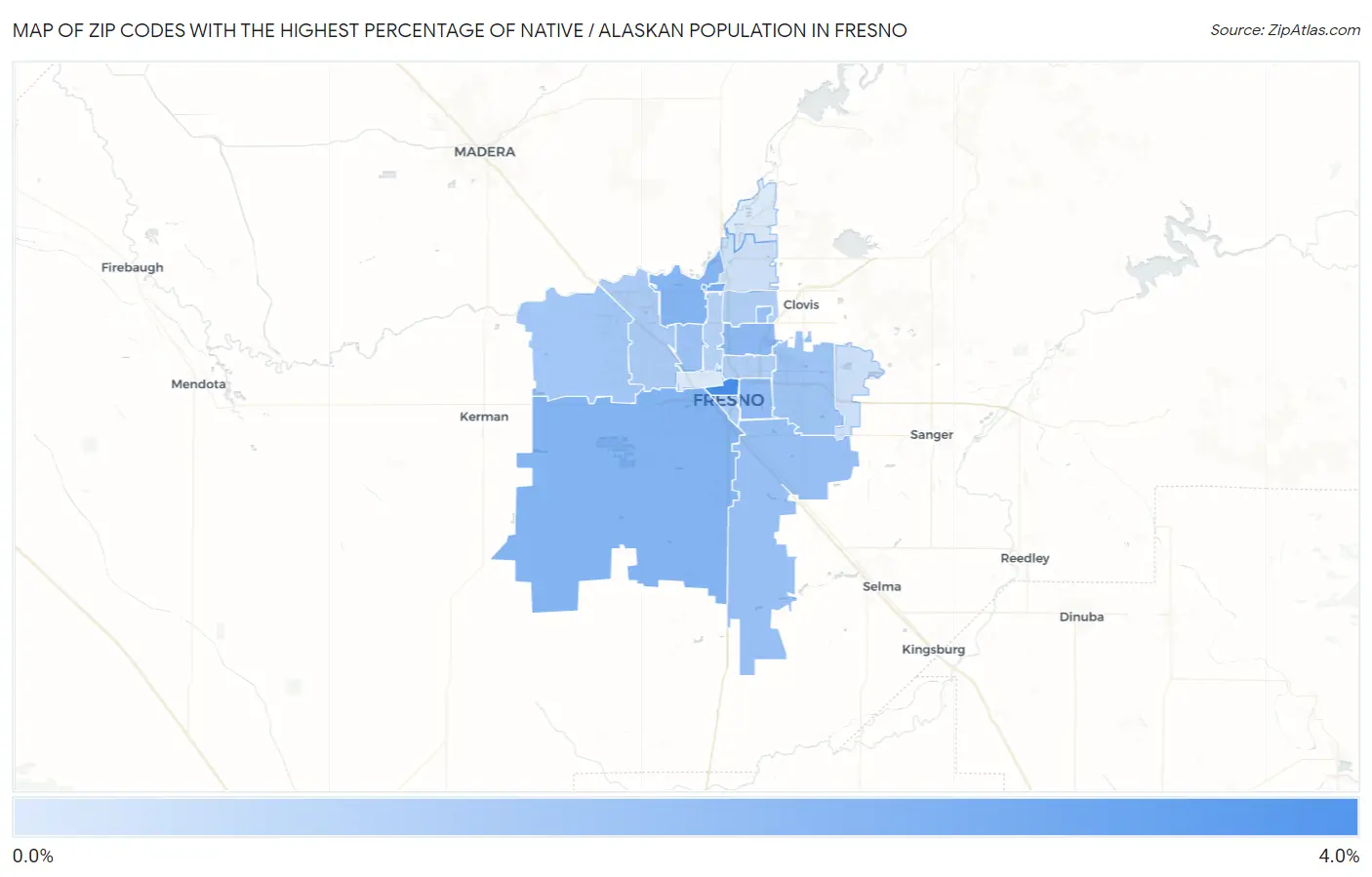 Zip Codes with the Highest Percentage of Native / Alaskan Population in Fresno Map
