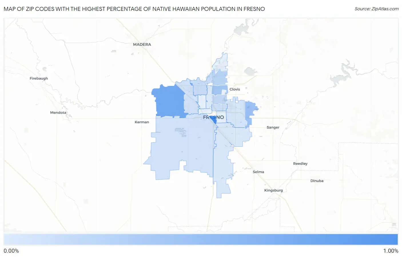 Zip Codes with the Highest Percentage of Native Hawaiian Population in Fresno Map