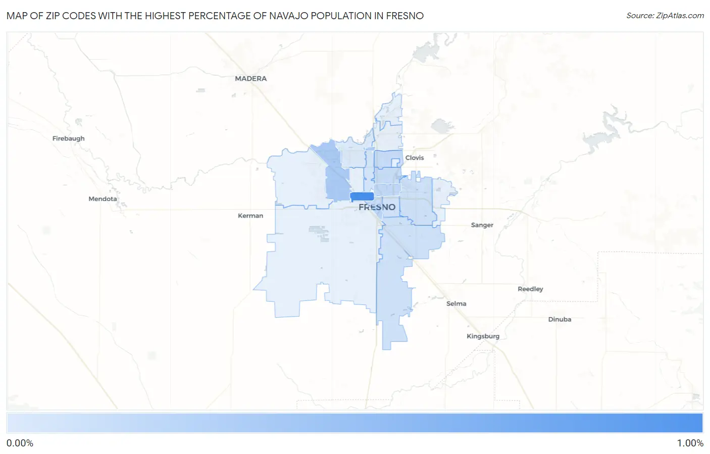 Zip Codes with the Highest Percentage of Navajo Population in Fresno Map