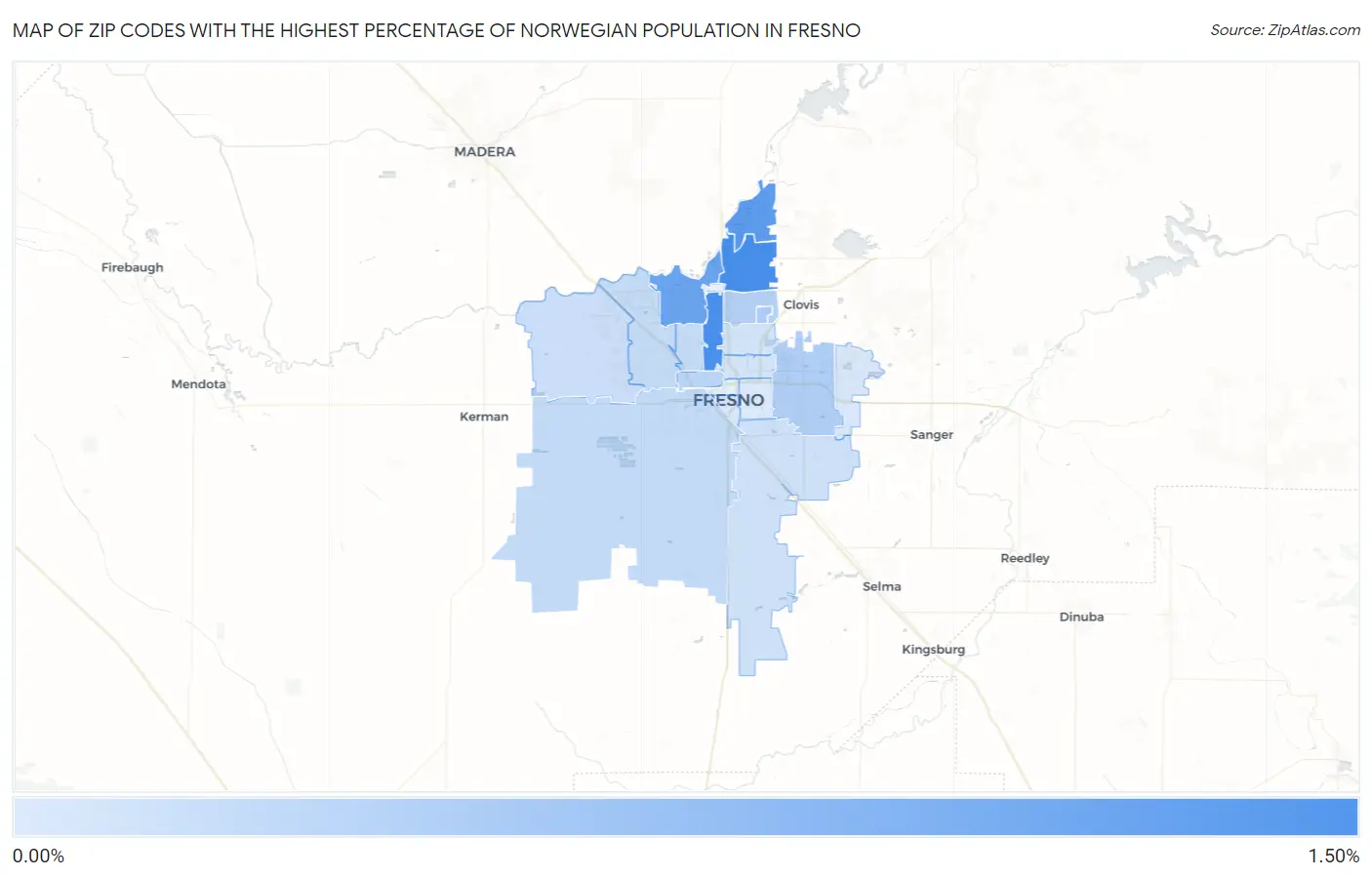 Zip Codes with the Highest Percentage of Norwegian Population in Fresno Map