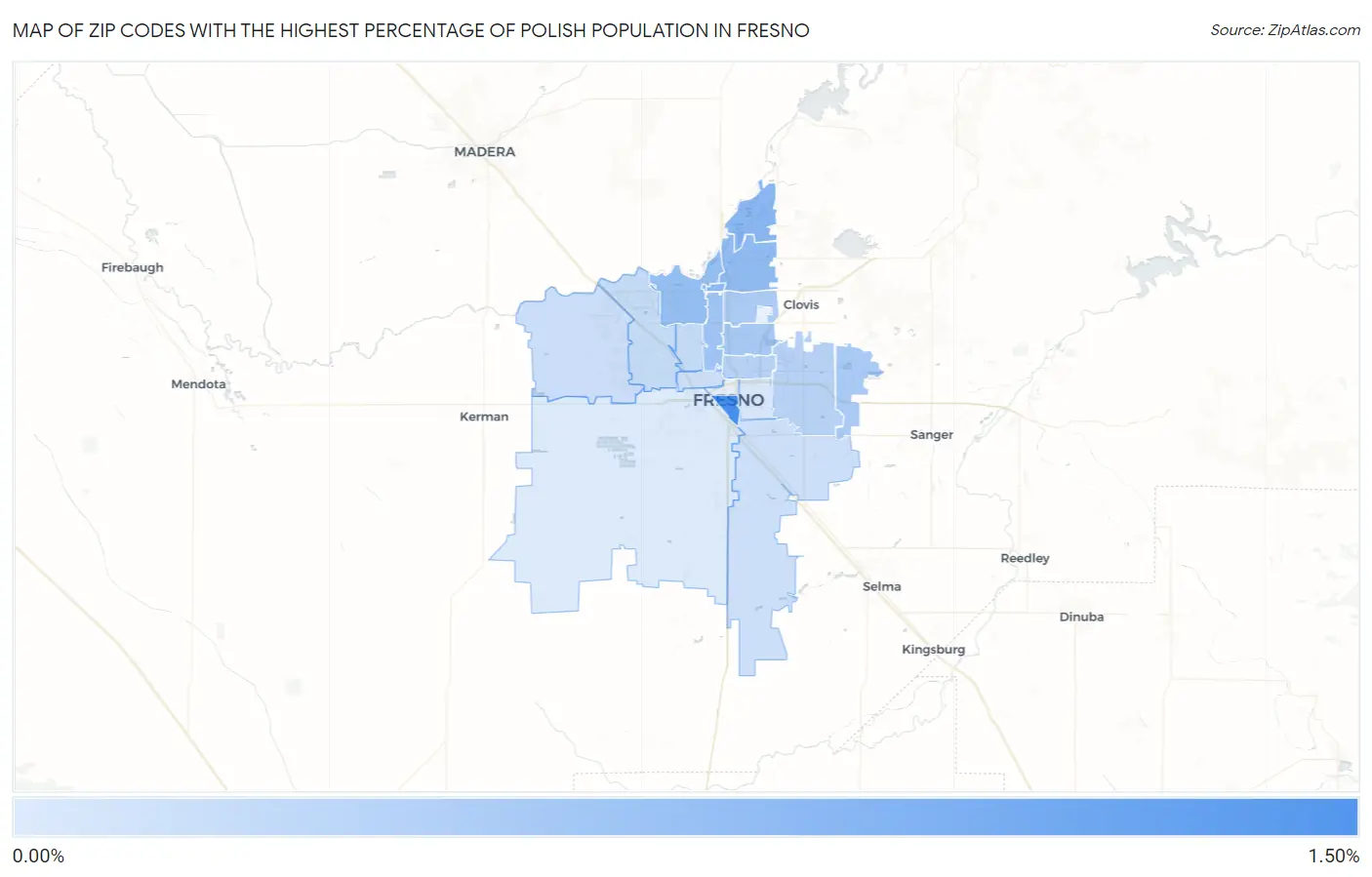 Zip Codes with the Highest Percentage of Polish Population in Fresno Map