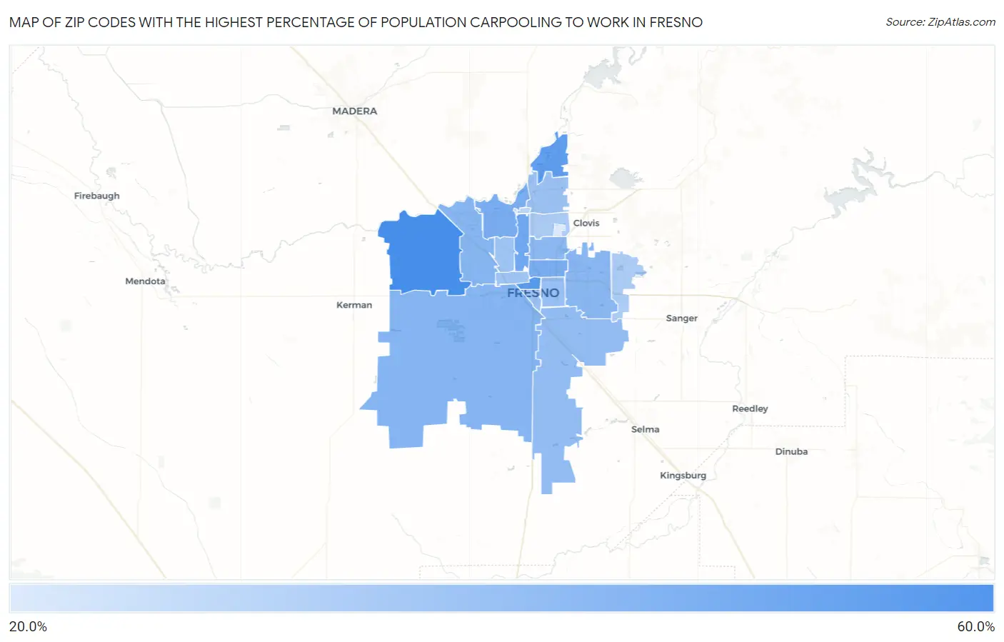 Zip Codes with the Highest Percentage of Population Carpooling to Work in Fresno Map