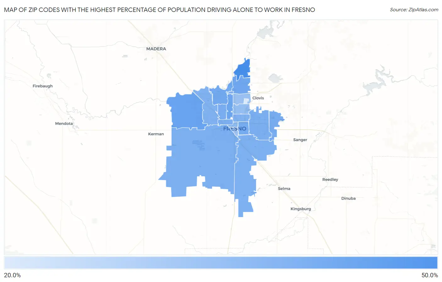 Zip Codes with the Highest Percentage of Population Driving Alone to Work in Fresno Map