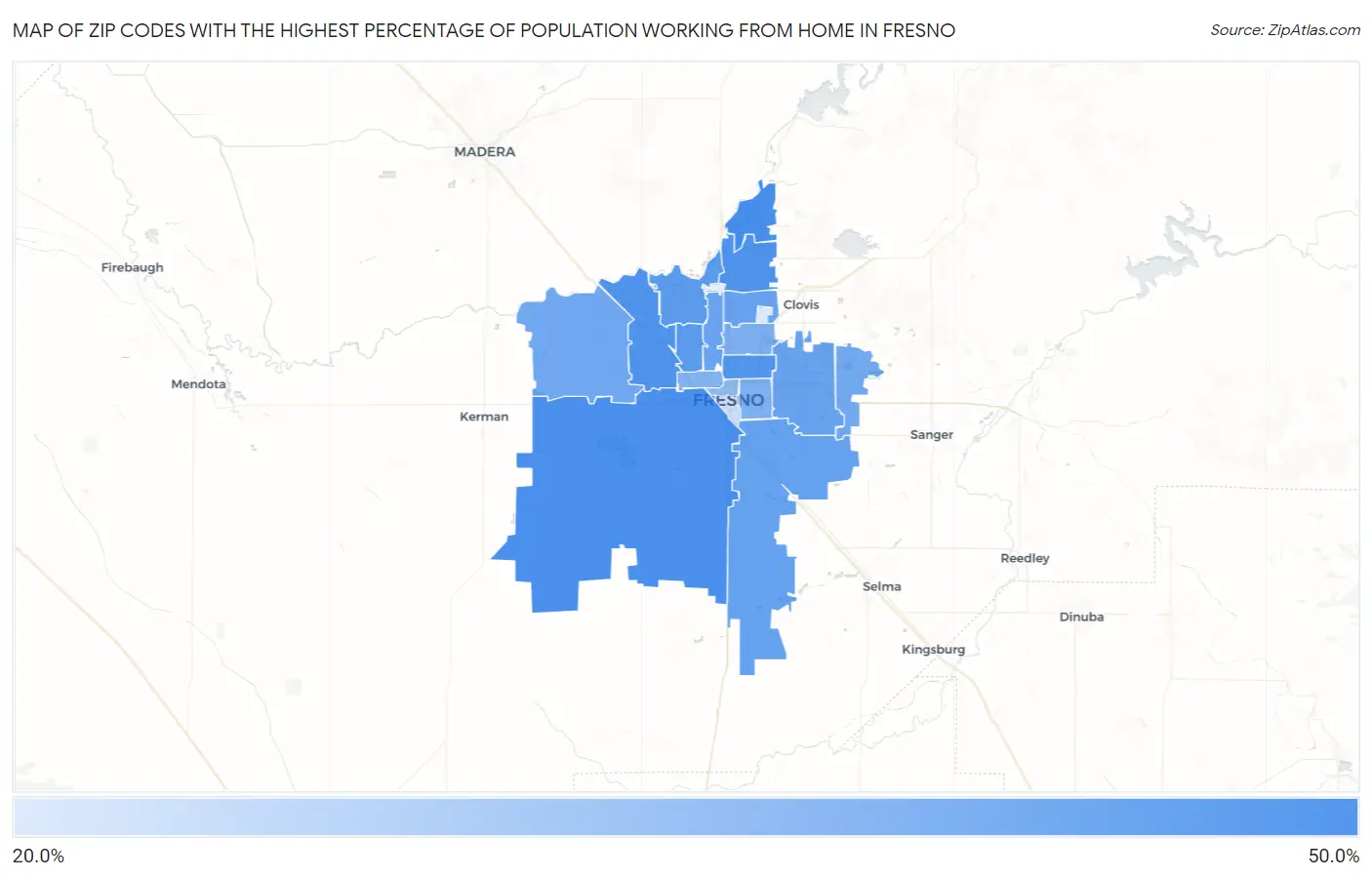 Zip Codes with the Highest Percentage of Population Working from Home in Fresno Map