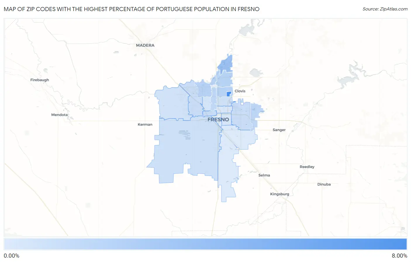 Zip Codes with the Highest Percentage of Portuguese Population in Fresno Map