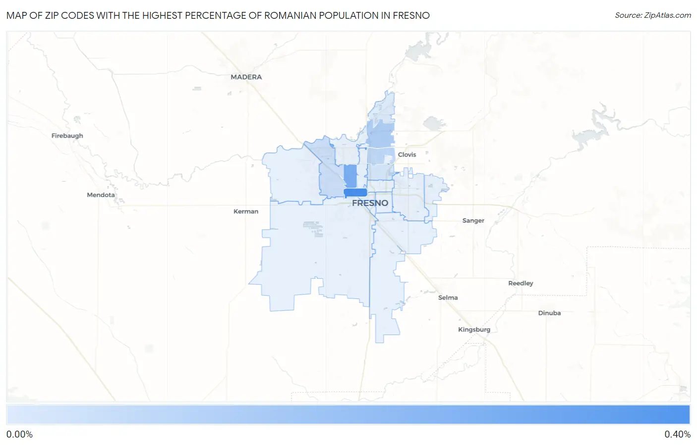 Zip Codes with the Highest Percentage of Romanian Population in Fresno Map