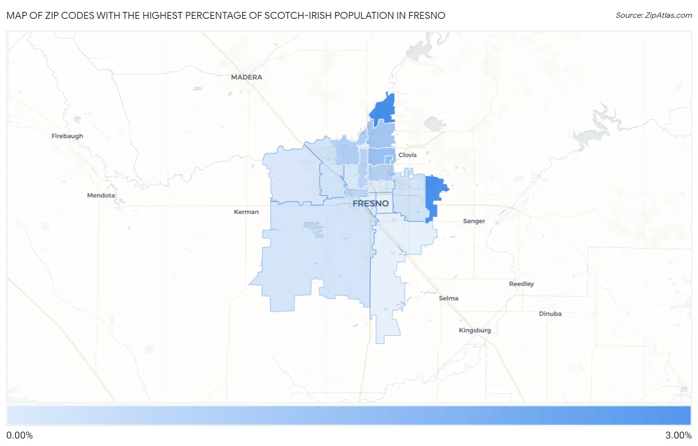Zip Codes with the Highest Percentage of Scotch-Irish Population in Fresno Map