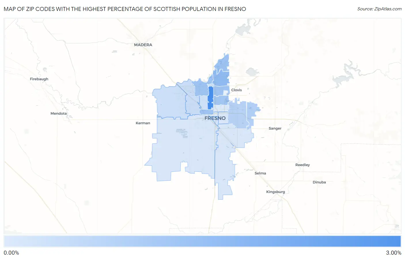 Zip Codes with the Highest Percentage of Scottish Population in Fresno Map
