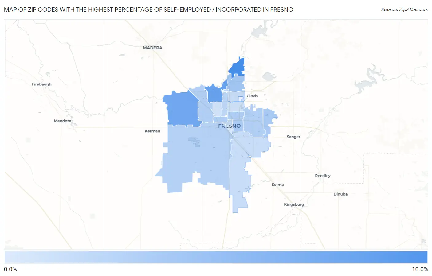 Zip Codes with the Highest Percentage of Self-Employed / Incorporated in Fresno Map