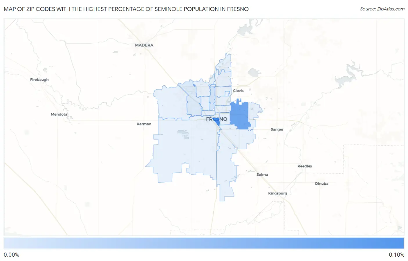Zip Codes with the Highest Percentage of Seminole Population in Fresno Map