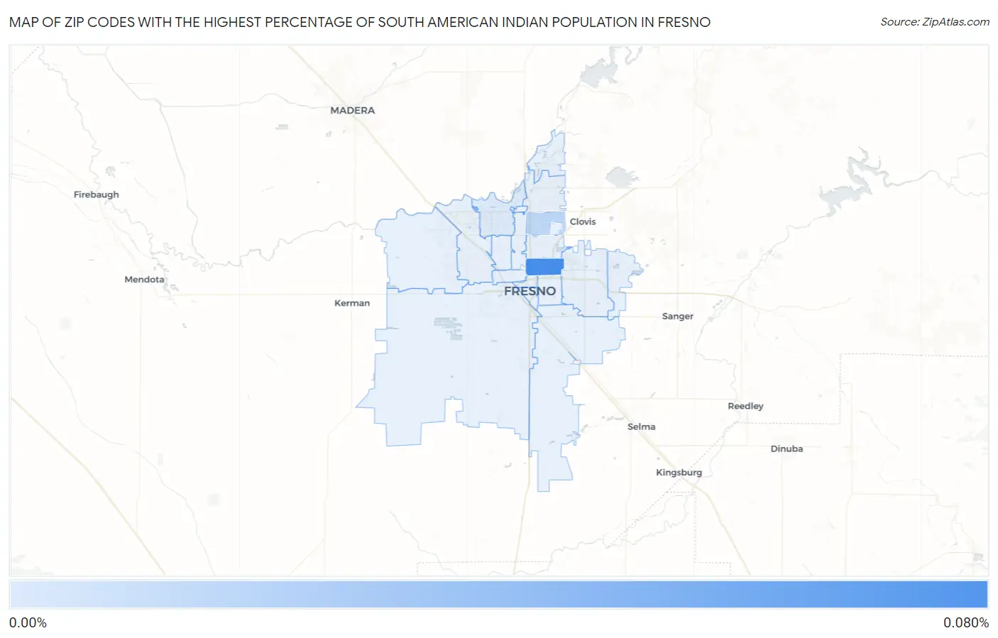 Zip Codes with the Highest Percentage of South American Indian Population in Fresno Map