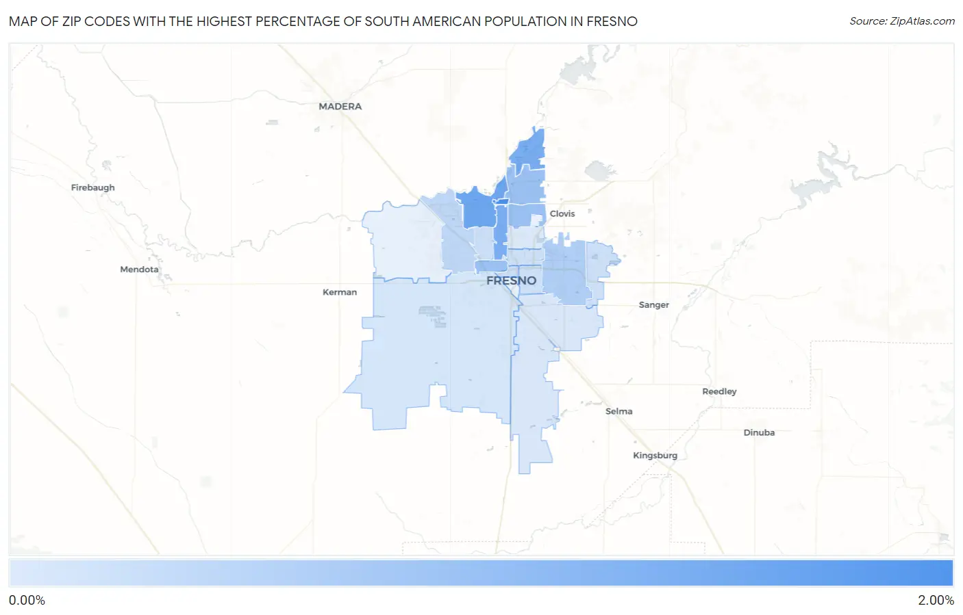Zip Codes with the Highest Percentage of South American Population in Fresno Map
