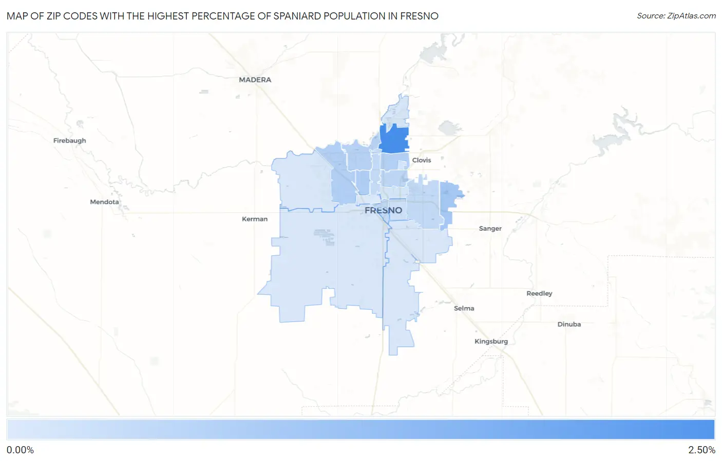 Zip Codes with the Highest Percentage of Spaniard Population in Fresno Map