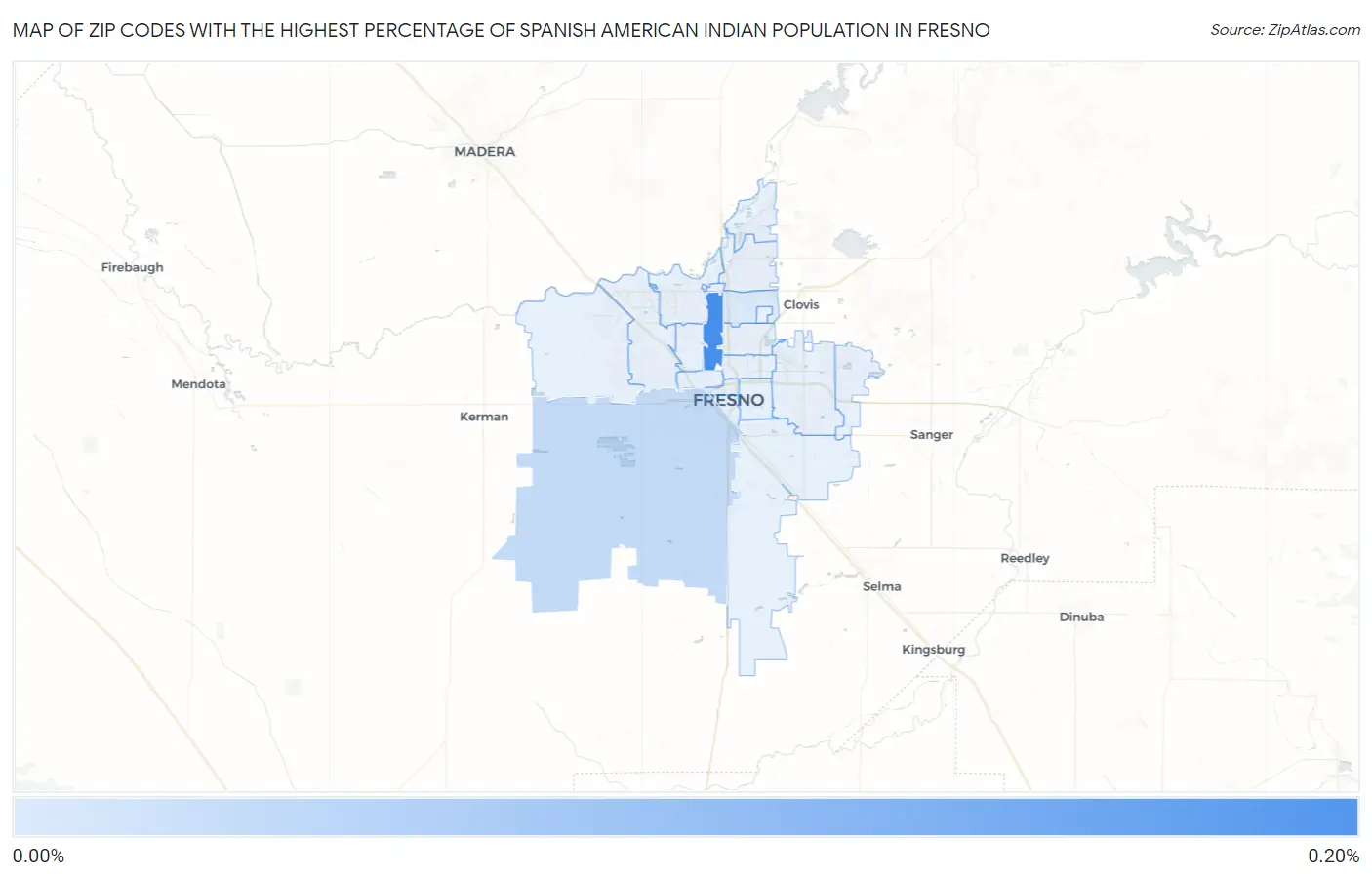 Zip Codes with the Highest Percentage of Spanish American Indian Population in Fresno Map
