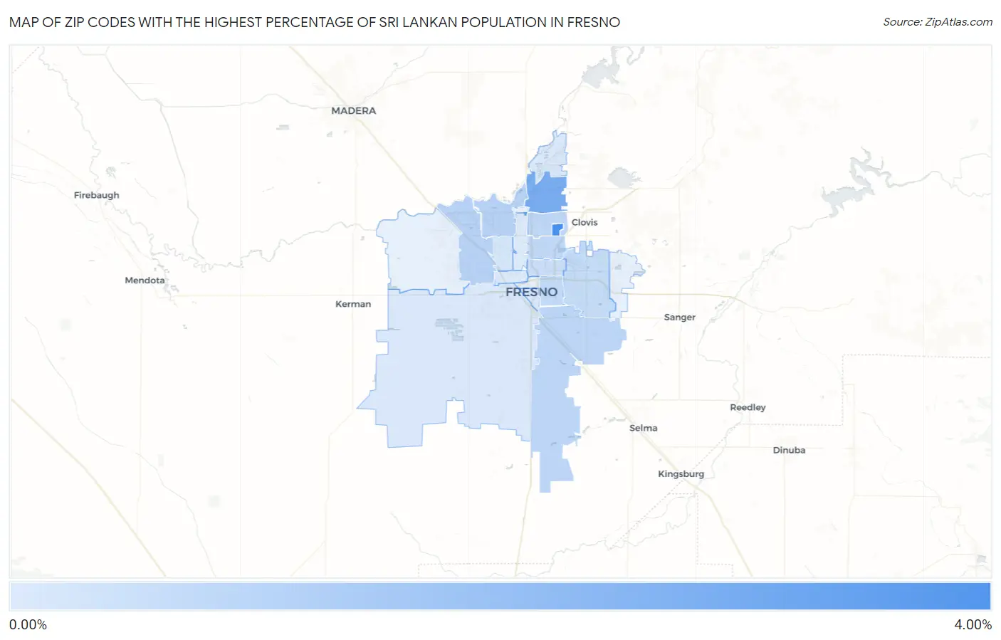 Zip Codes with the Highest Percentage of Sri Lankan Population in Fresno Map
