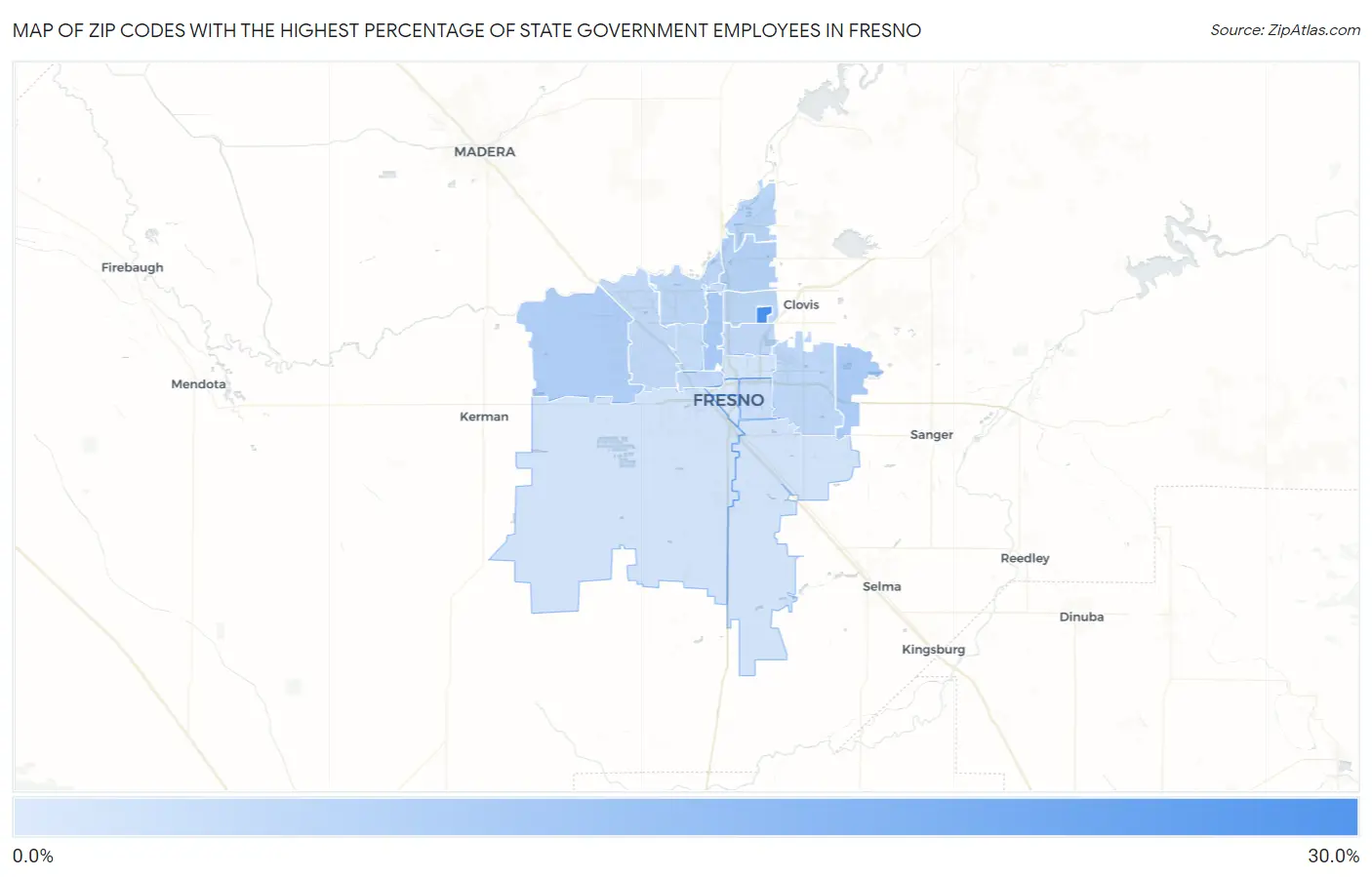 Zip Codes with the Highest Percentage of State Government Employees in Fresno Map