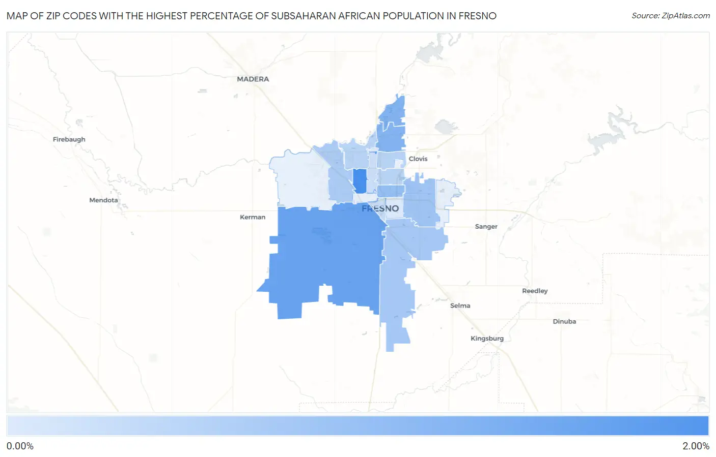 Zip Codes with the Highest Percentage of Subsaharan African Population in Fresno Map
