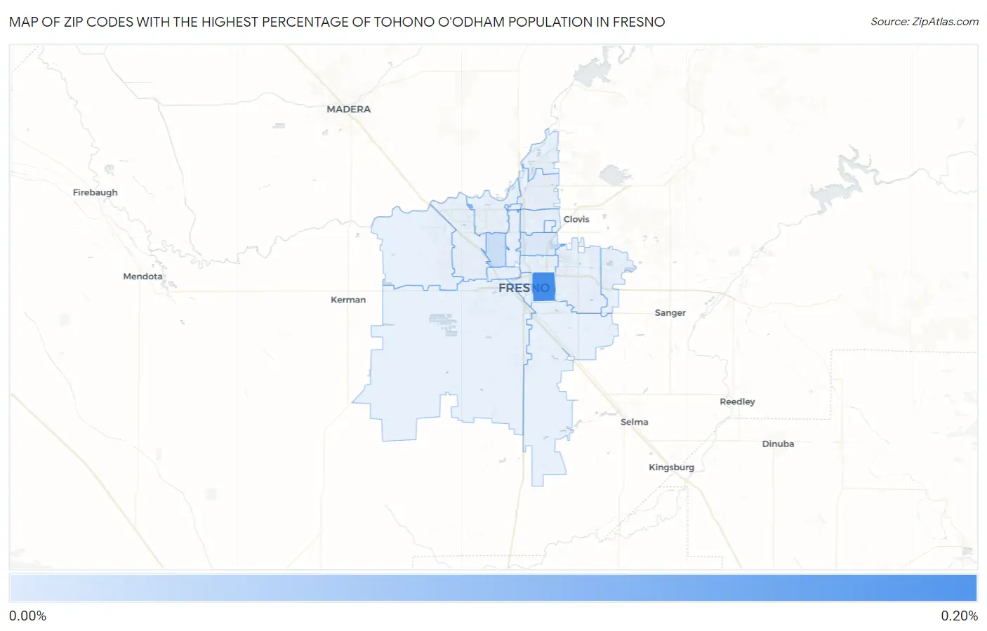 Zip Codes with the Highest Percentage of Tohono O'Odham Population in Fresno Map