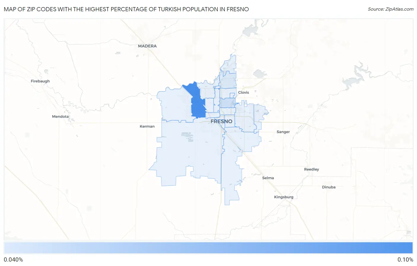 Zip Codes with the Highest Percentage of Turkish Population in Fresno Map