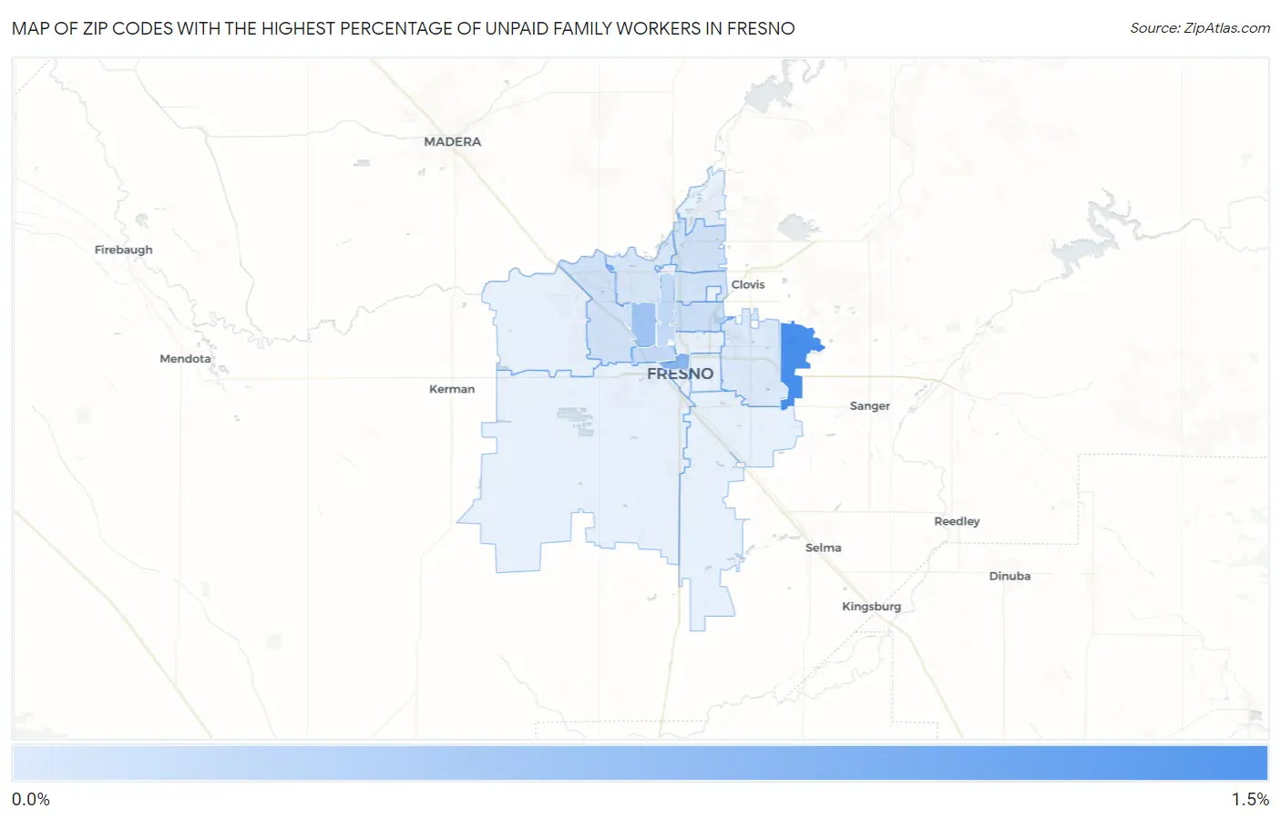 Zip Codes with the Highest Percentage of Unpaid Family Workers in Fresno Map