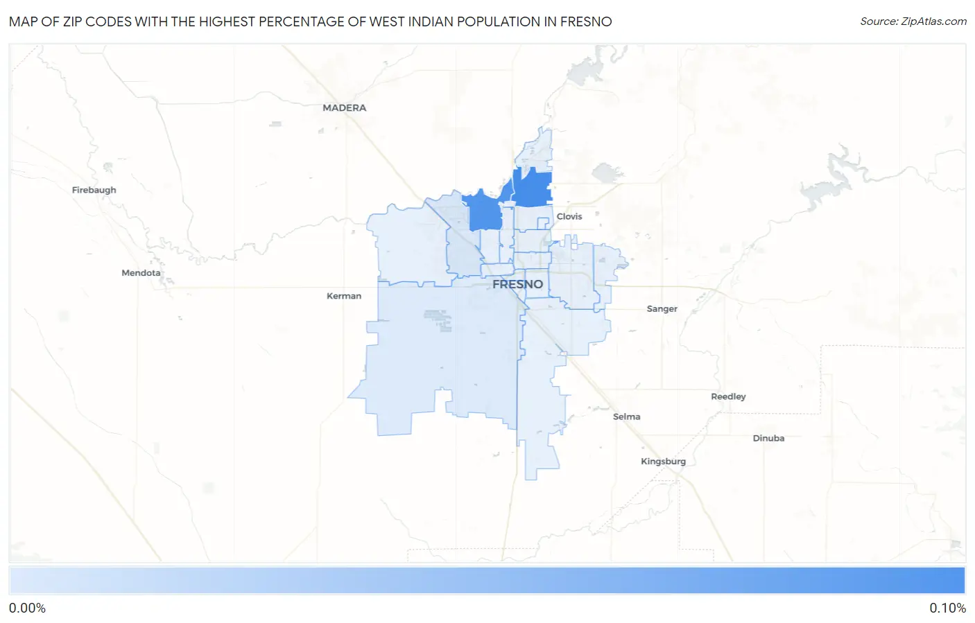 Zip Codes with the Highest Percentage of West Indian Population in Fresno Map