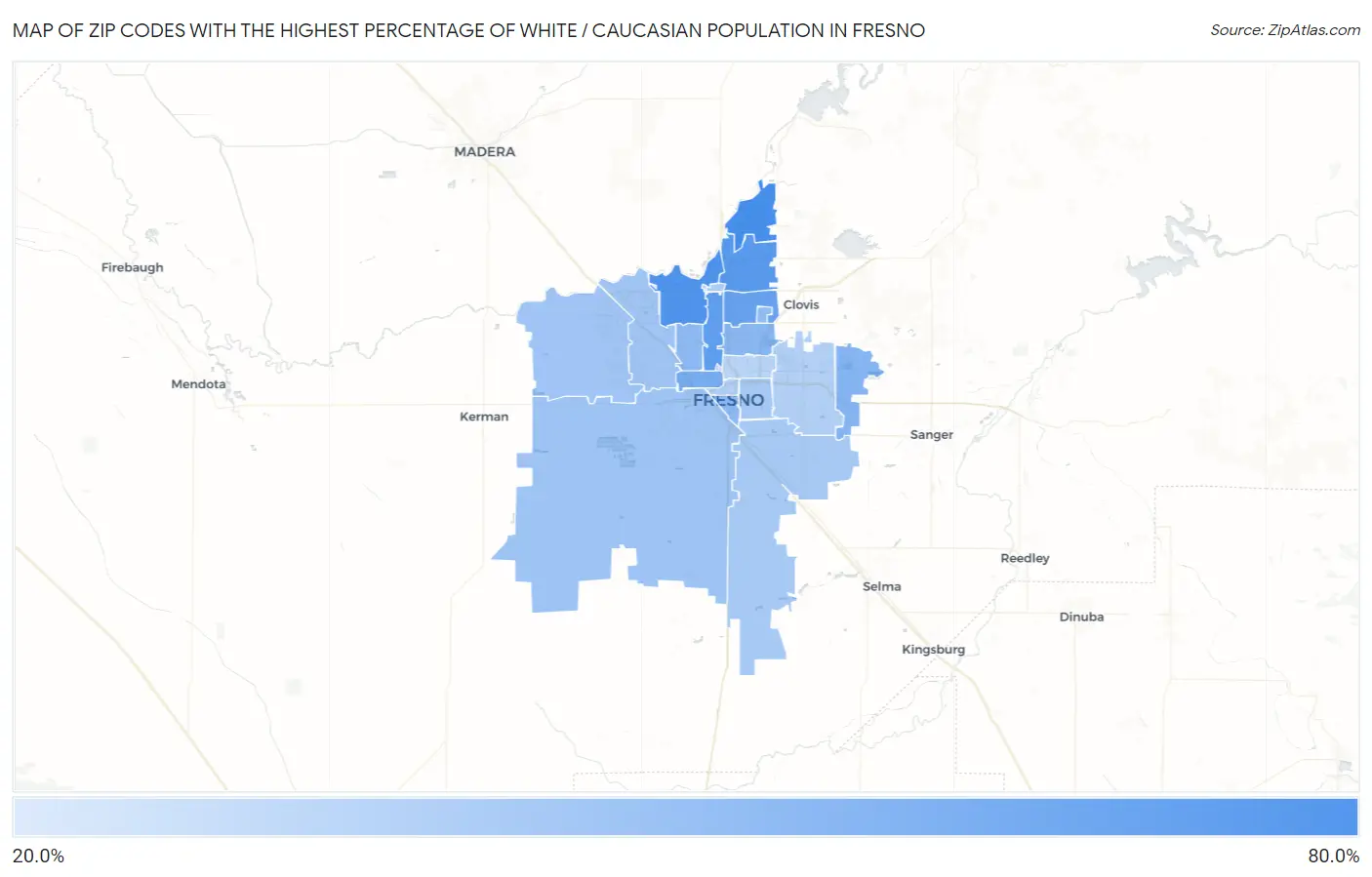 Zip Codes with the Highest Percentage of White / Caucasian Population in Fresno Map