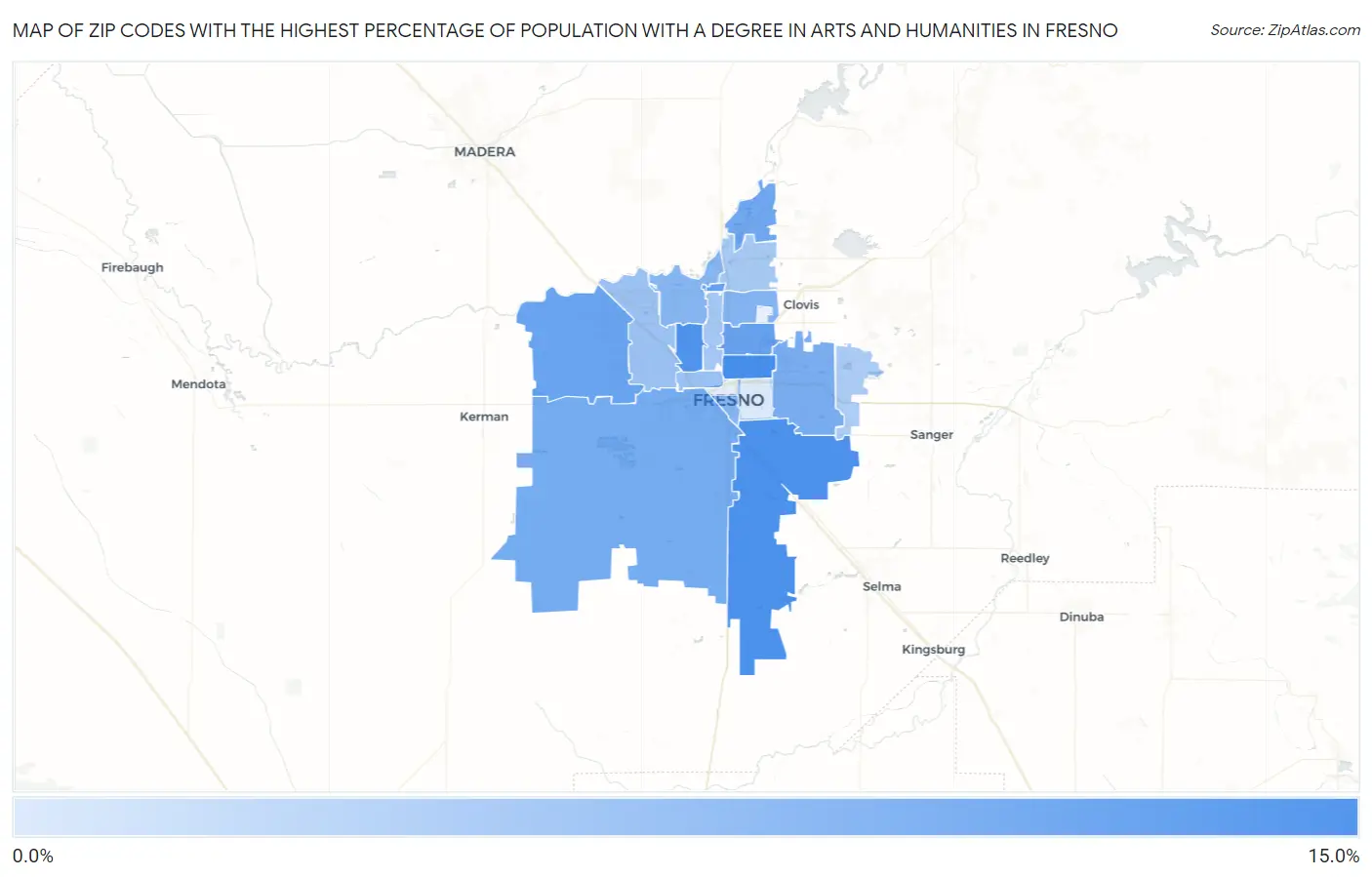 Zip Codes with the Highest Percentage of Population with a Degree in Arts and Humanities in Fresno Map