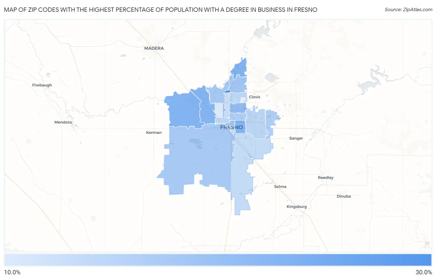 Zip Codes with the Highest Percentage of Population with a Degree in Business in Fresno Map