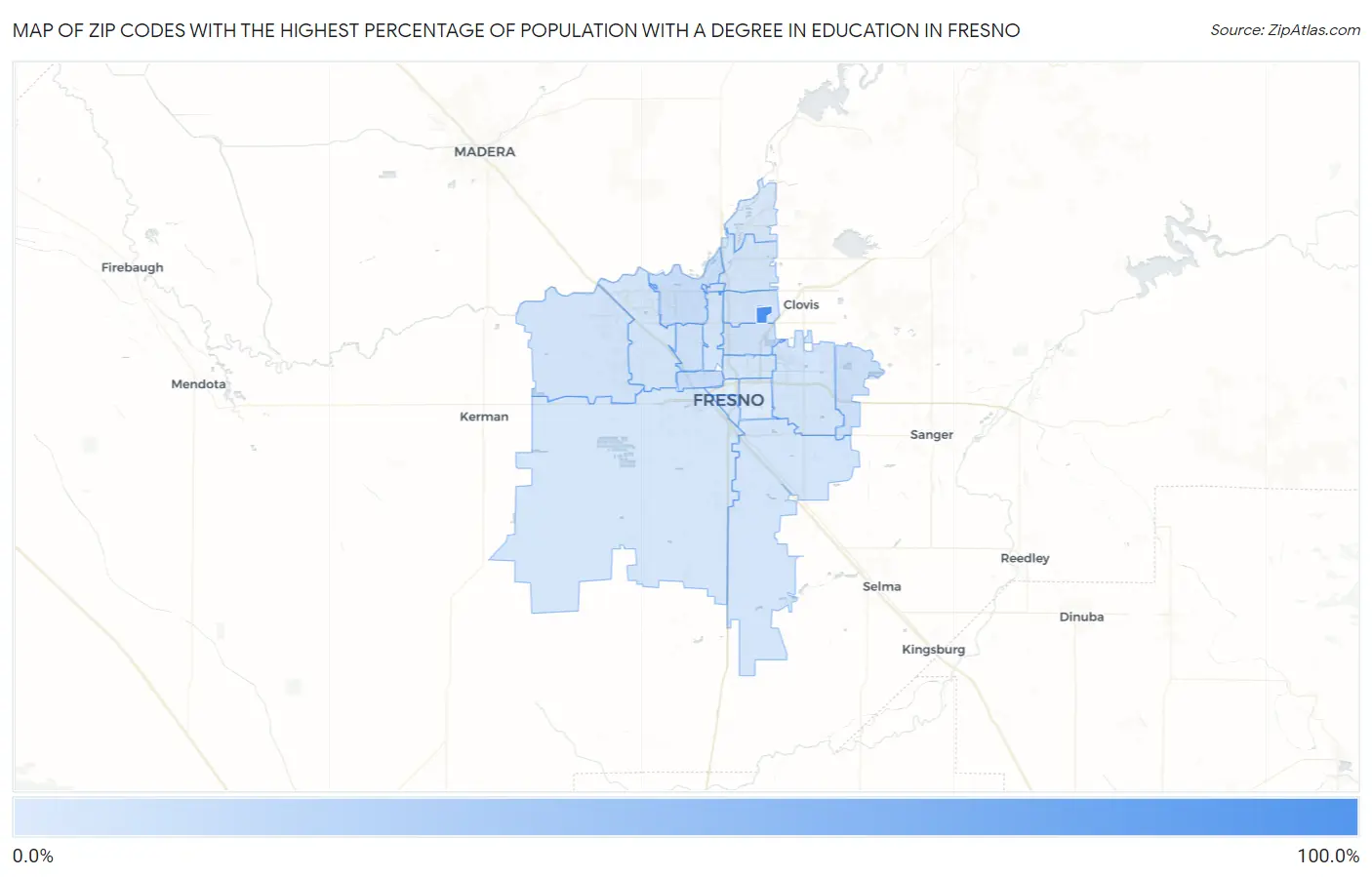 Zip Codes with the Highest Percentage of Population with a Degree in Education in Fresno Map