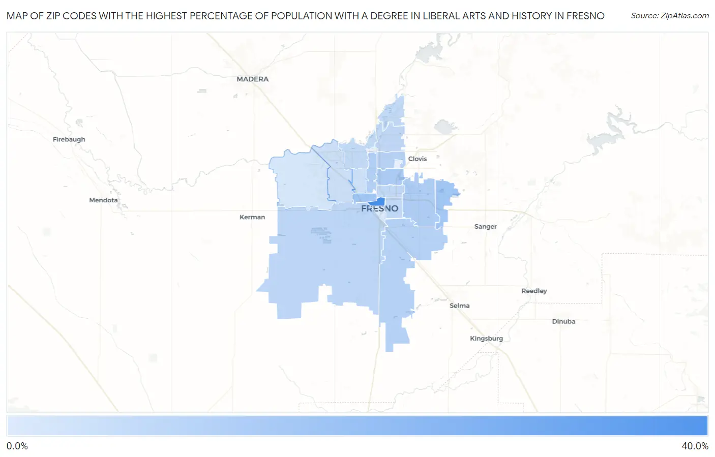 Zip Codes with the Highest Percentage of Population with a Degree in Liberal Arts and History in Fresno Map