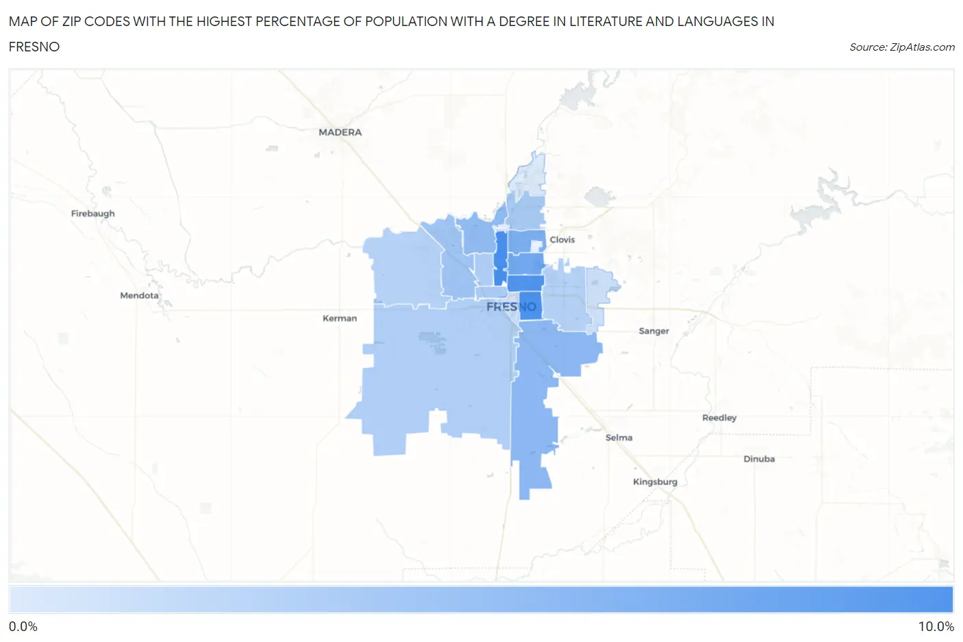 Zip Codes with the Highest Percentage of Population with a Degree in Literature and Languages in Fresno Map