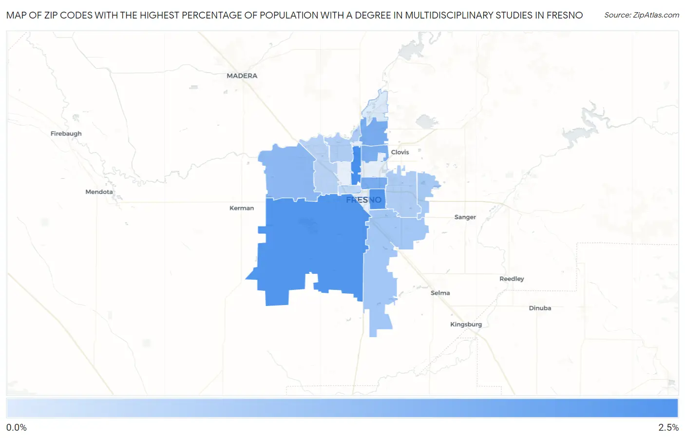 Zip Codes with the Highest Percentage of Population with a Degree in Multidisciplinary Studies in Fresno Map