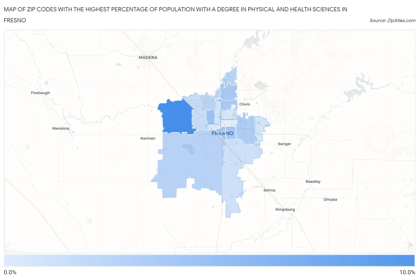 Zip Codes with the Highest Percentage of Population with a Degree in Physical and Health Sciences in Fresno Map