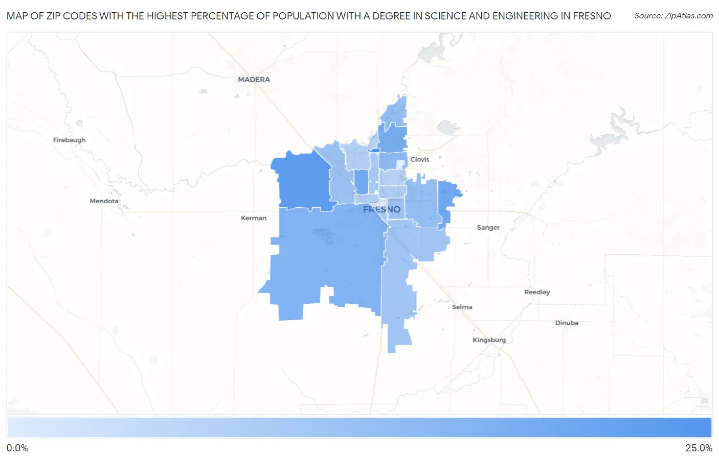 Zip Codes with the Highest Percentage of Population with a Degree in Science and Engineering in Fresno Map