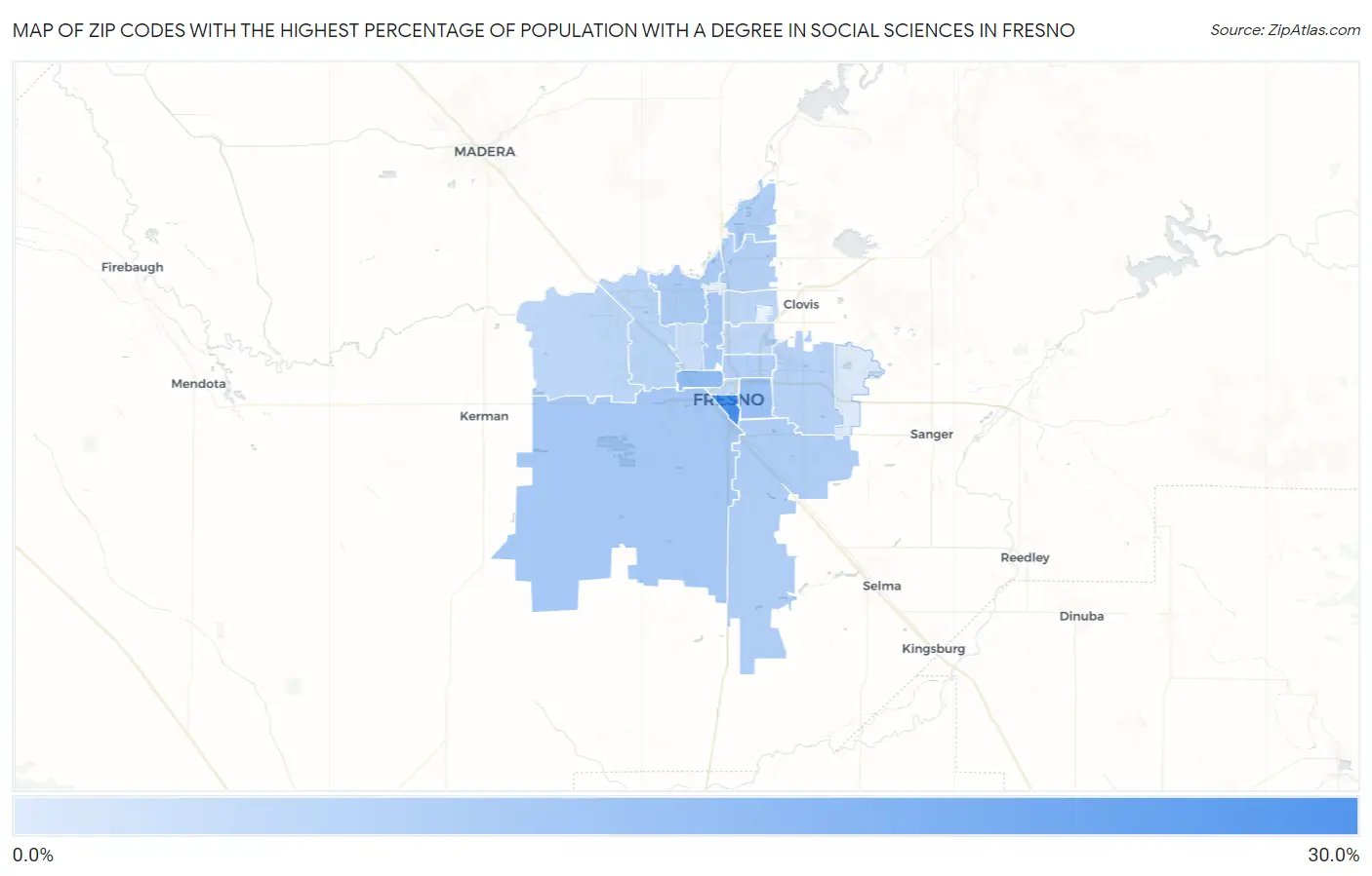 Zip Codes with the Highest Percentage of Population with a Degree in Social Sciences in Fresno Map