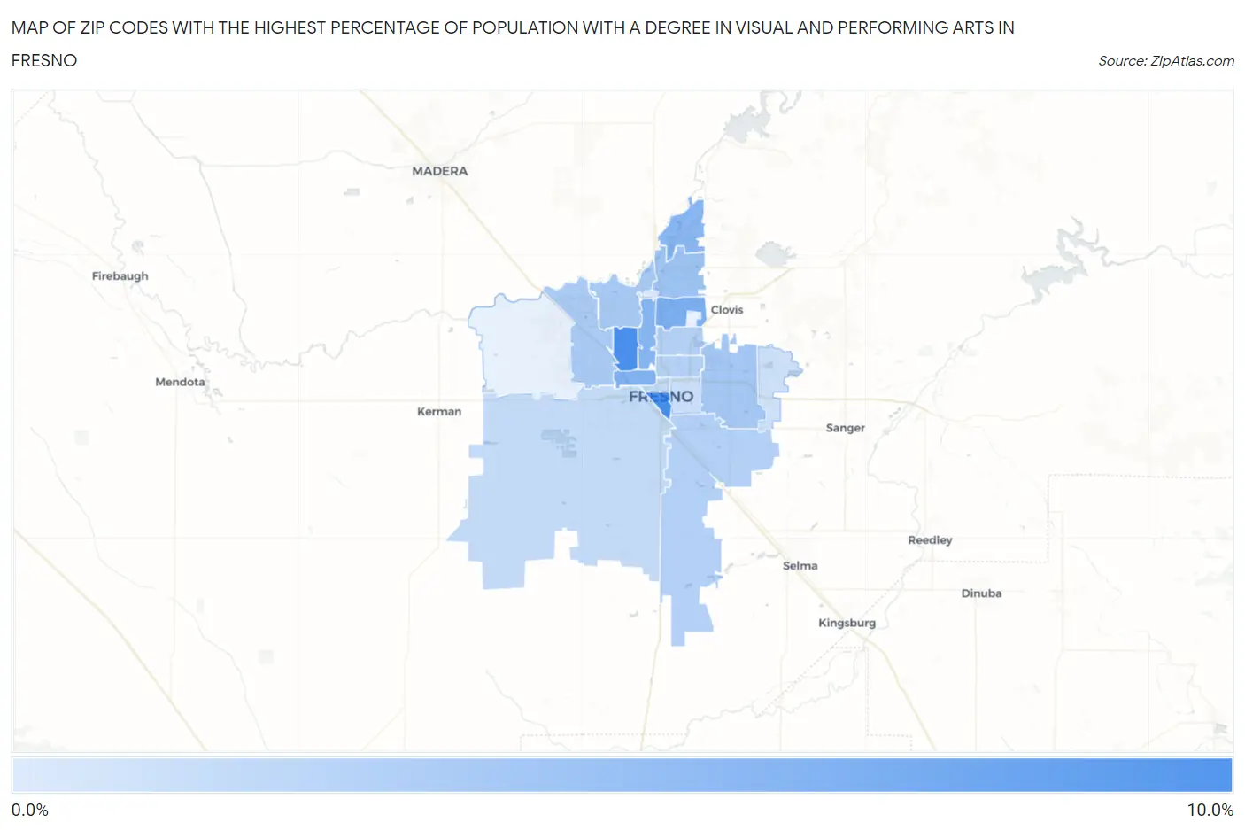 Zip Codes with the Highest Percentage of Population with a Degree in Visual and Performing Arts in Fresno Map