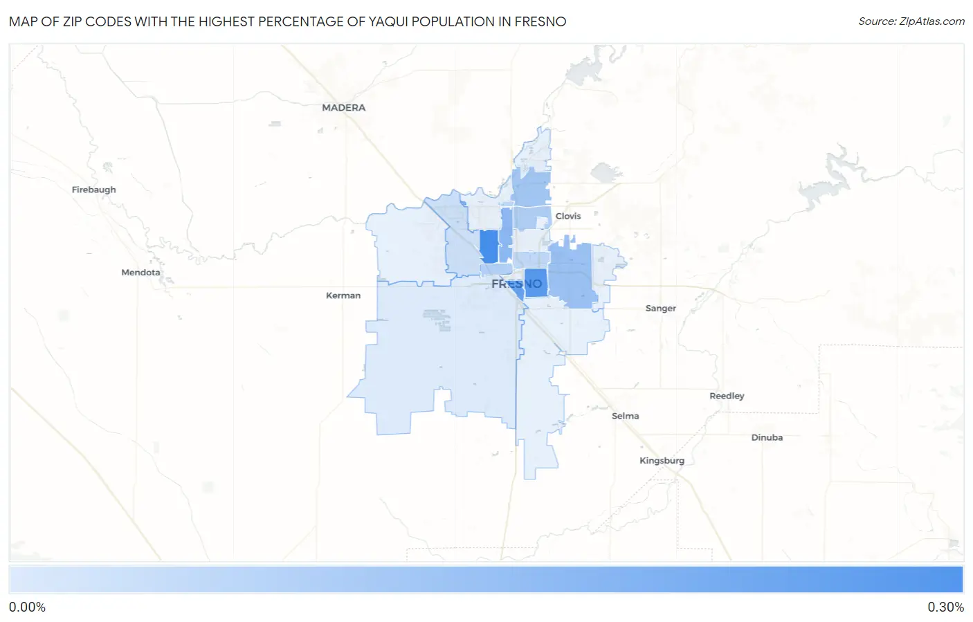 Zip Codes with the Highest Percentage of Yaqui Population in Fresno Map
