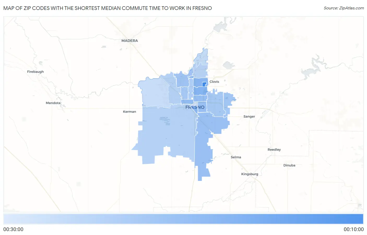 Zip Codes with the Shortest Median Commute Time to Work in Fresno Map