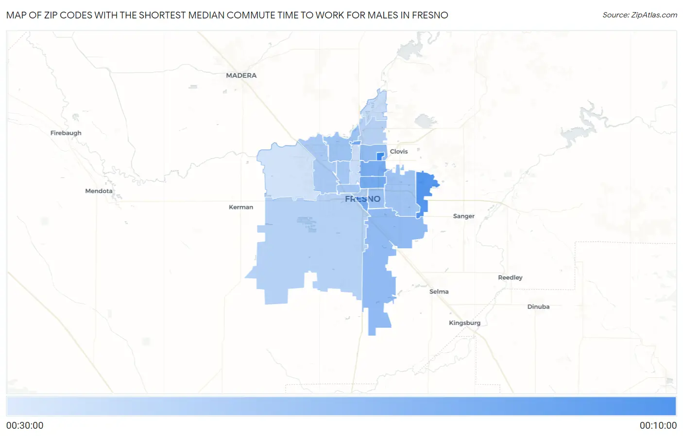 Zip Codes with the Shortest Median Commute Time to Work for Males in Fresno Map