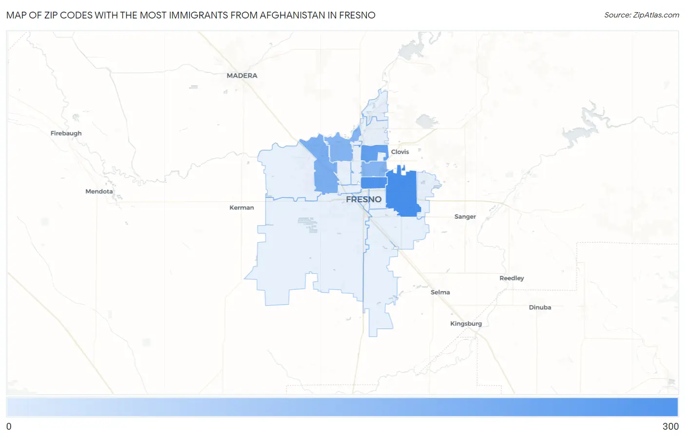 Zip Codes with the Most Immigrants from Afghanistan in Fresno Map