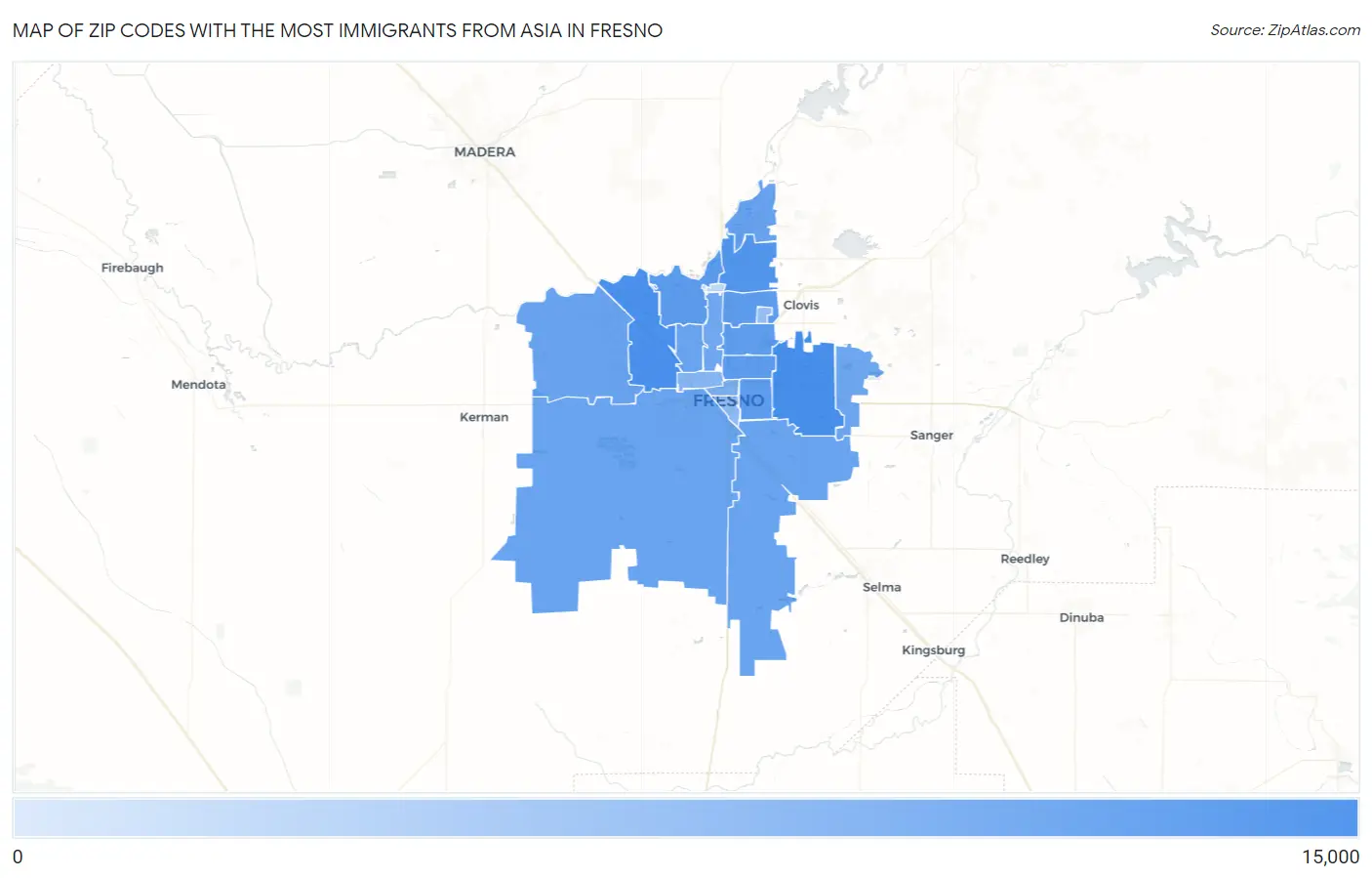 Zip Codes with the Most Immigrants from Asia in Fresno Map