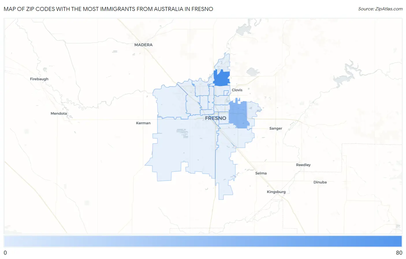 Zip Codes with the Most Immigrants from Australia in Fresno Map