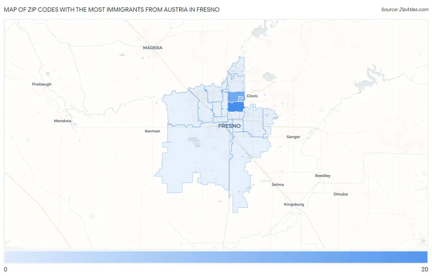 Zip Codes with the Most Immigrants from Austria in Fresno Map