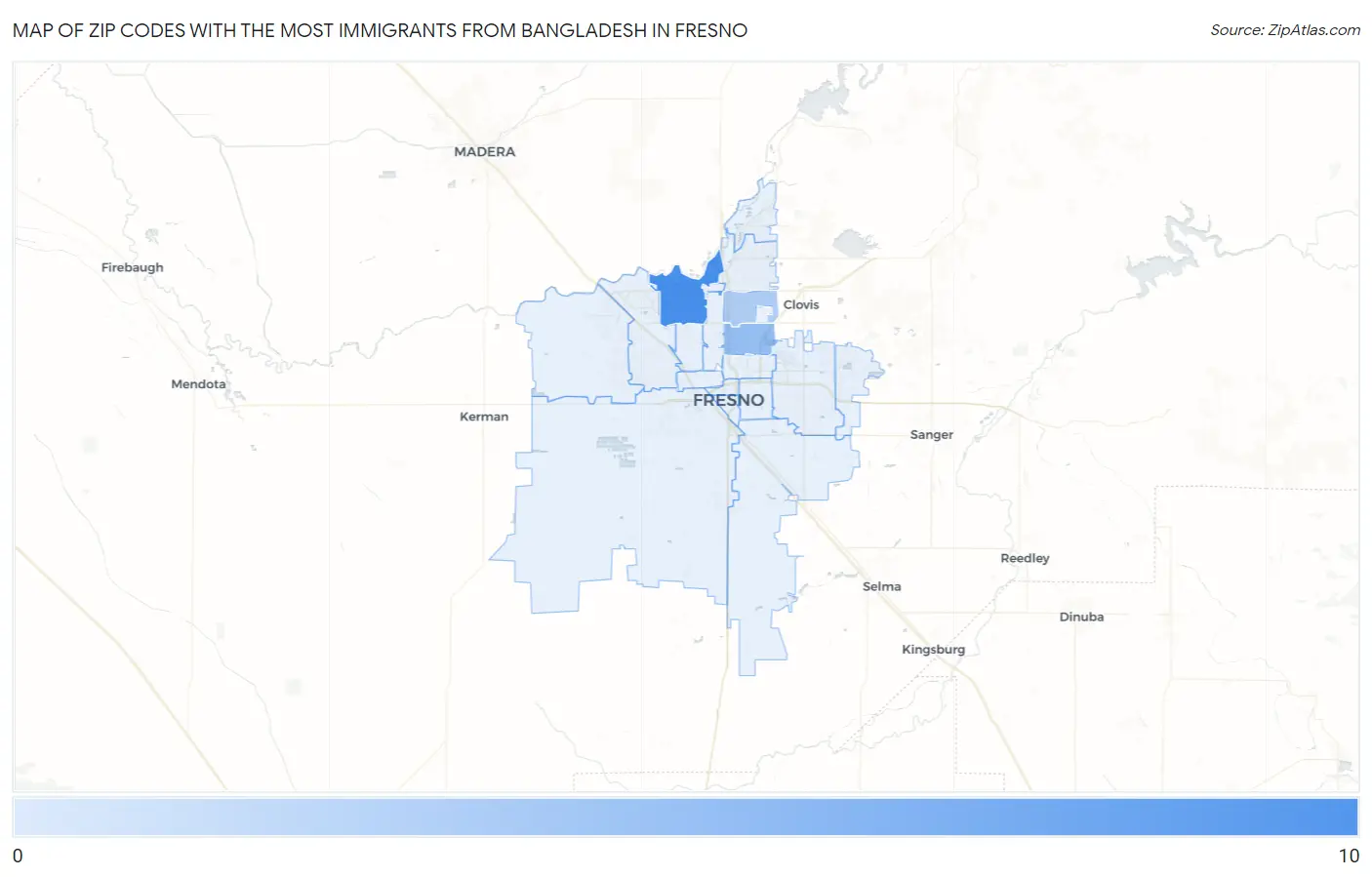 Zip Codes with the Most Immigrants from Bangladesh in Fresno Map