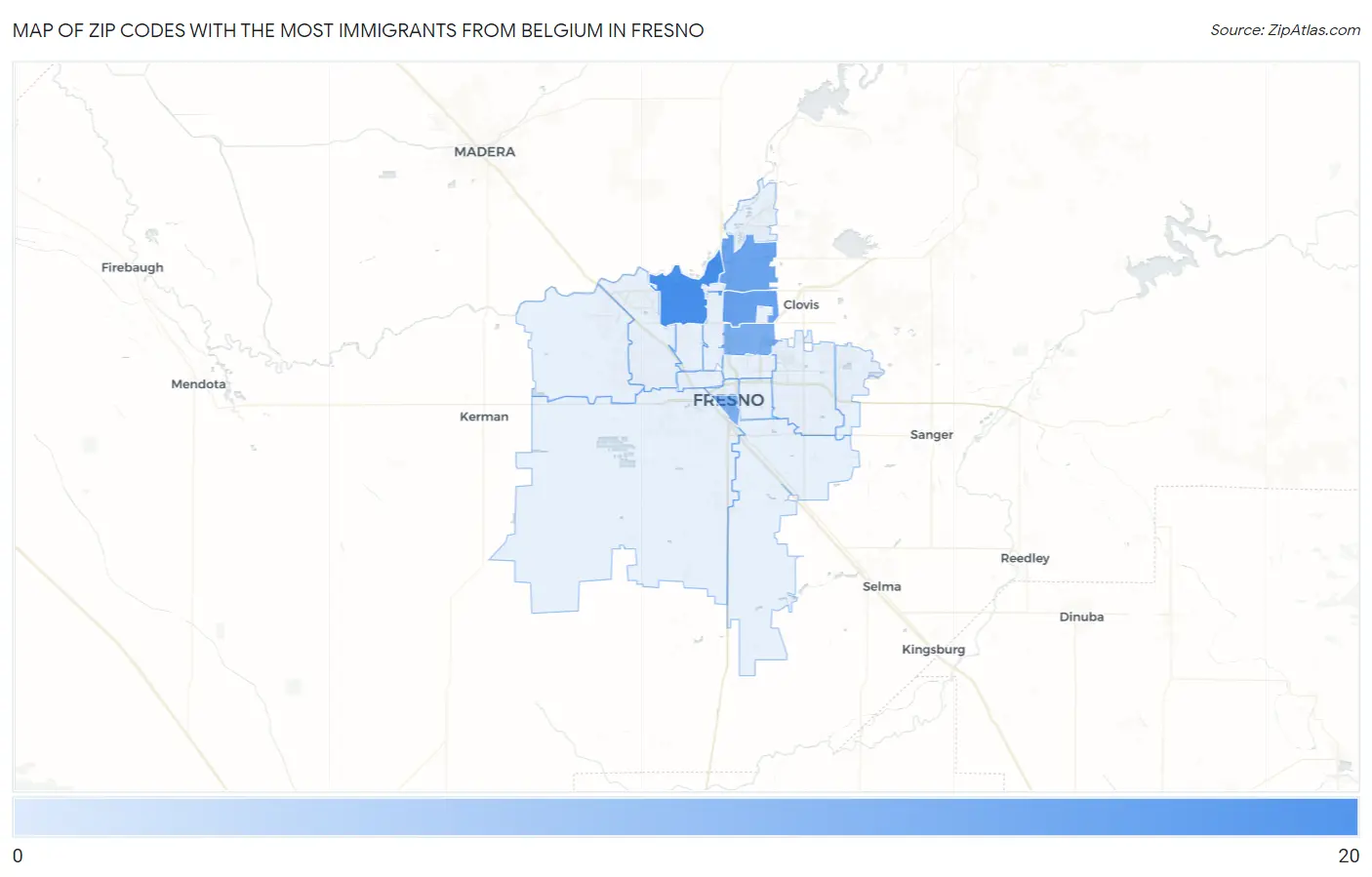 Zip Codes with the Most Immigrants from Belgium in Fresno Map